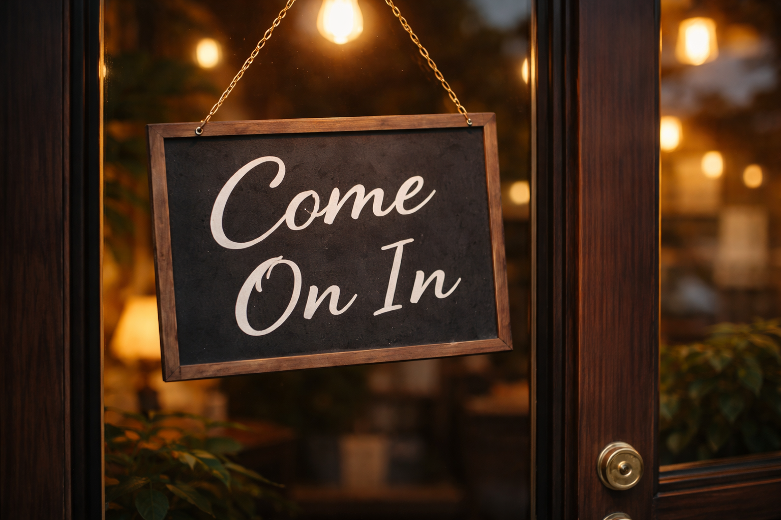 A "Come On In" sign on a coffee shop